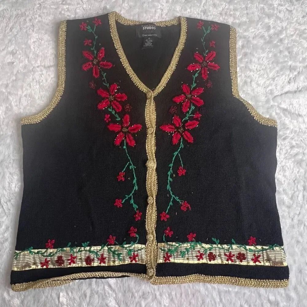 Designer Originals Studio JoyChristmas Black Embroidered Knit Vest Size XL